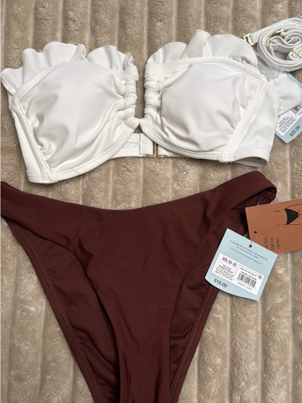 White Ruffle Bandeau Top & Brown Bikini Bottoms shade shore XS